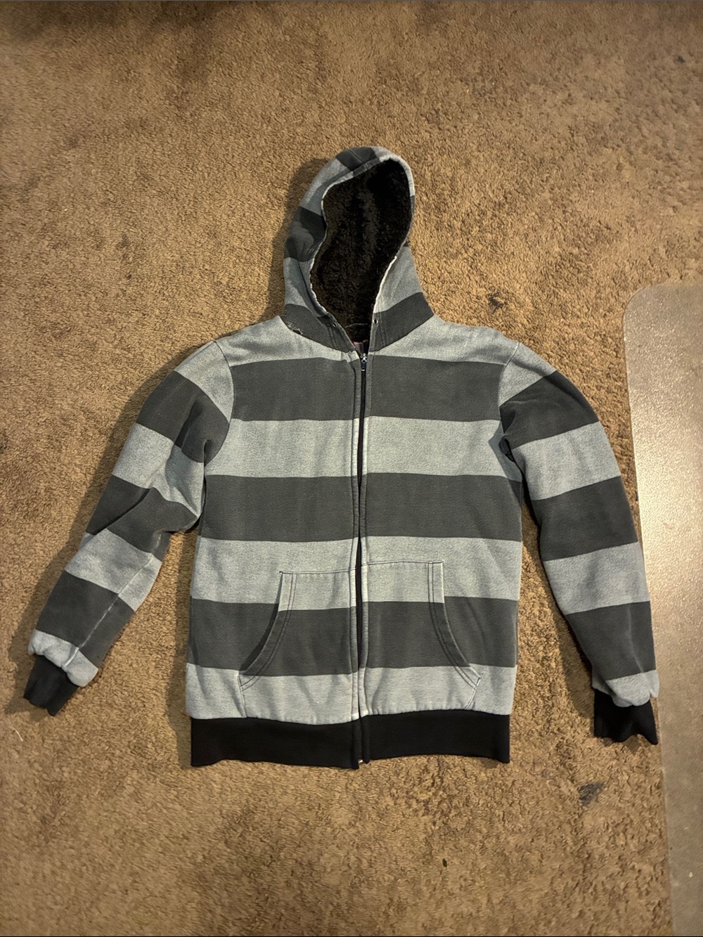 striped zip up Hoodie with fur fleece- Gray & Black Stripes